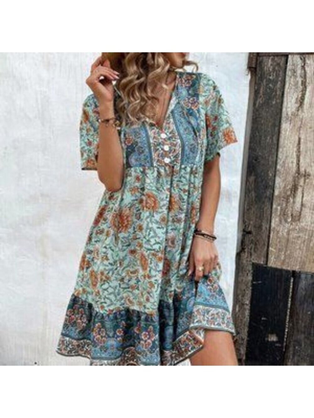 Multicolor Boho Womens Floral Print Tie Neck Smock Dress